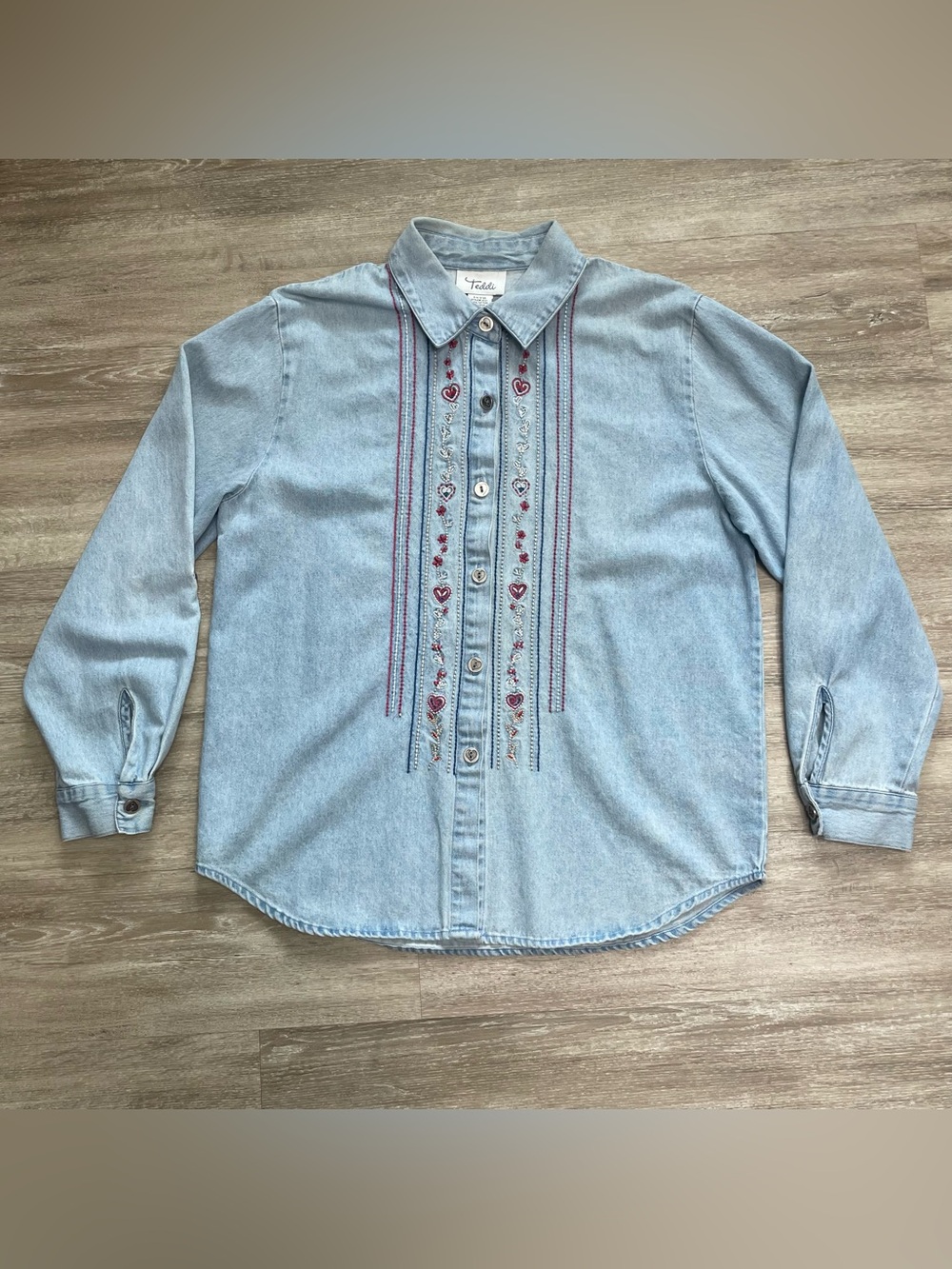 Vtg Teddi Light Wash Denim Embroidered Button Front Shirt Hearts Cottagecore M